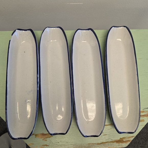 White Blue Glazed Stoneware Corn Cob Serving Set of 4 Vintage - Picture 3 of 6